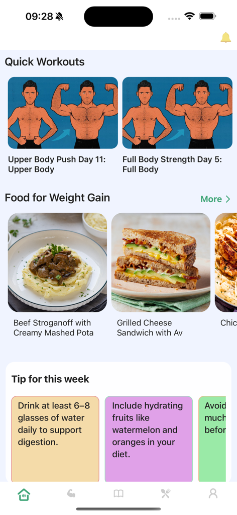 Workout for Underweight - Mobile app dashboard showing muscle building workouts weight gain meal plans and healthy lifestyle tips