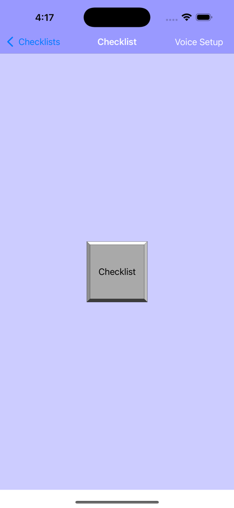 Pilot Checklist - Main user interface of the Pilot Checklist app featuring a central checklist button and navigation for voice setup.