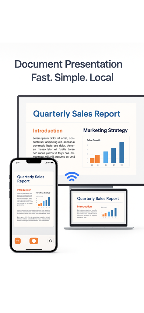 AirPlay Cast - Un iPhone met en miroir un rapport de ventes trimestriel sur un moniteur d'ordinateur et un ordinateur portable sans fil