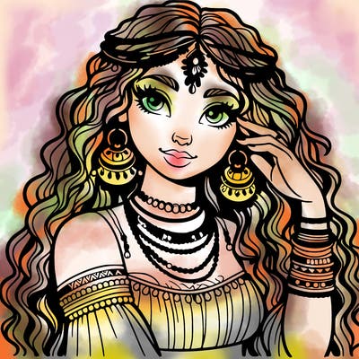 a realistic gypsy woman with long curly hair and jewelry on her