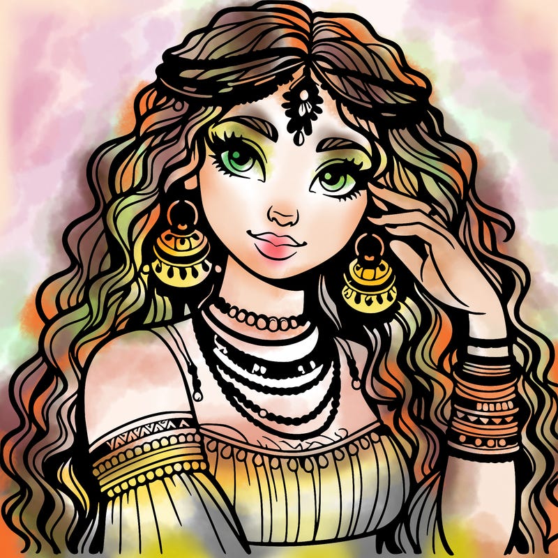 a realistic gypsy woman with long curly hair and jewelry on her