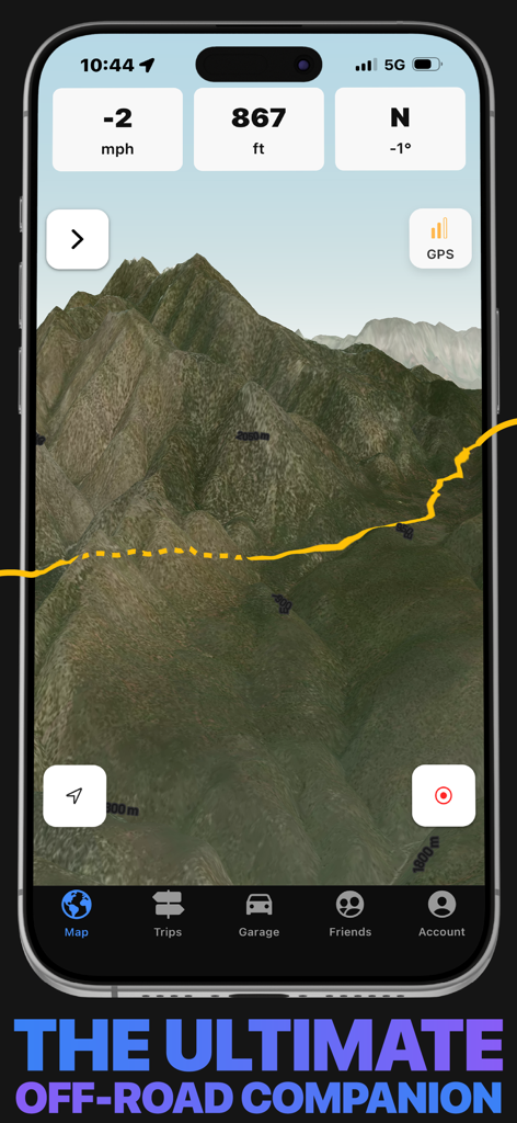 Offroadin’: Trail Maps & GPS - Offroadin app screenshot displaying 3D mountain terrain map with GPS trail tracking and elevation stats