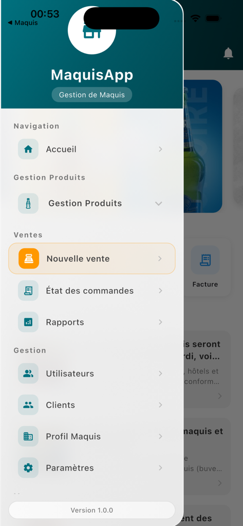Maquis - MaquisApp side navigation menu showing business management options like sales reports and product inventory