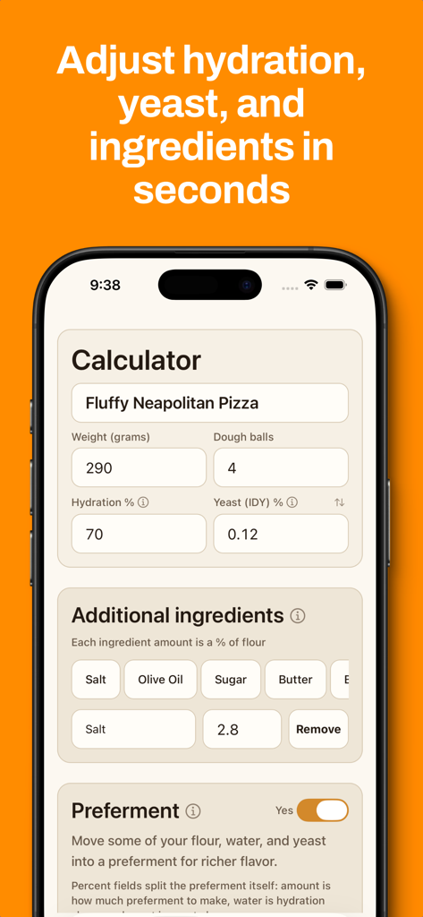 Dough Maker: Bread Calculator - Dough Maker app interface showing hydration and yeast calculations for a pizza recipe