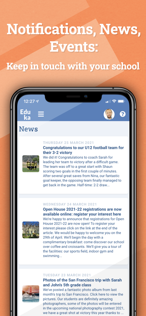 Eduka - Eduka mobile app showing school news, events, and notifications on an iPhone