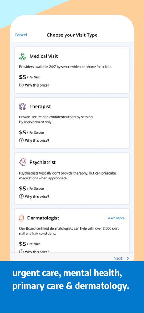 MDLIVE app screen showing options for medical visits, therapists, psychiatrists, and dermatologists