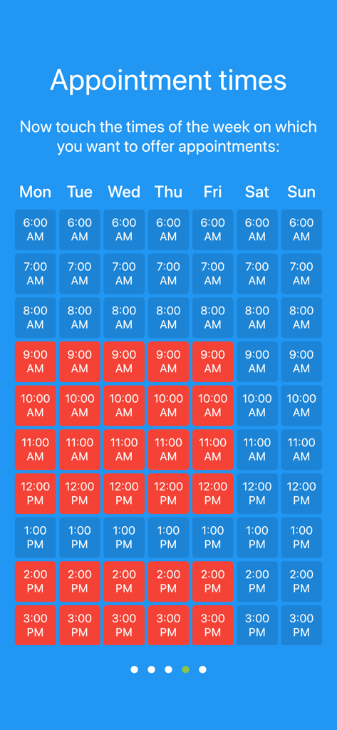 Weekly calendar grid interface in the Appointment Booking System app for selecting available service hours.