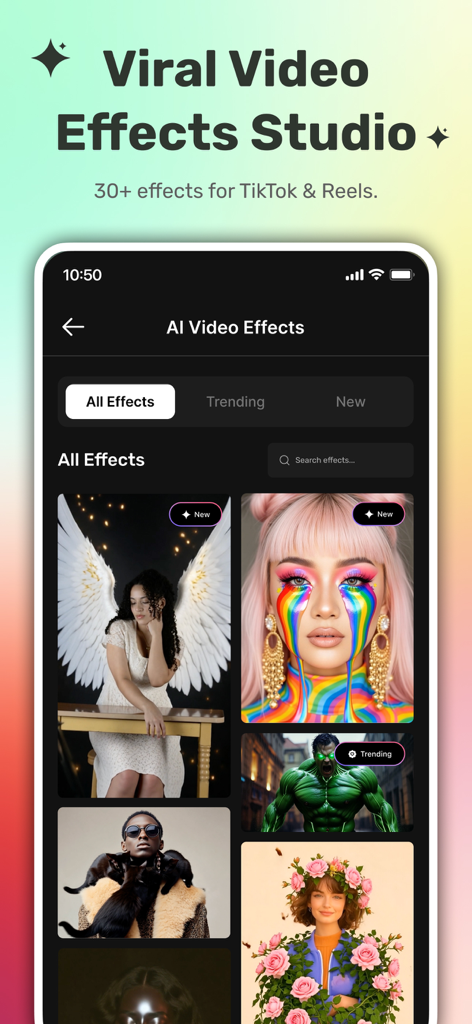 50+ AI Design Tools: MagicShot - MagicShot App-Oberfläche zeigt verschiedene virale KI-Videoeffekte für TikTok und Reels wie Engelsflügel und kreative Porträtfilter.
