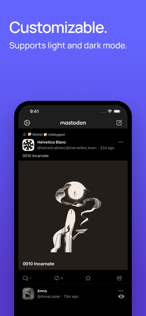 Mastodon - Interface de l'application Mastodon montrant une publication sur les réseaux sociaux en mode sombre avec des paramètres personnalisables.