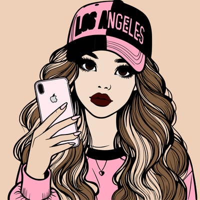 realistic beautiful girl wearing los ángeles cap holding an iphone