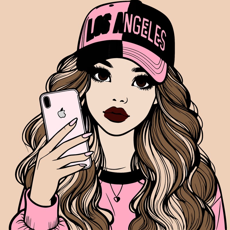 realistic beautiful girl wearing los ángeles cap holding an iphone
