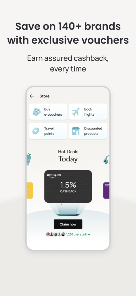 Jupiter: Cards, UPI, Banking - Jupiterアプリストアのインターフェース。限定バウチャーとAmazonの1.5％キャッシュバックオファーを表示しています。