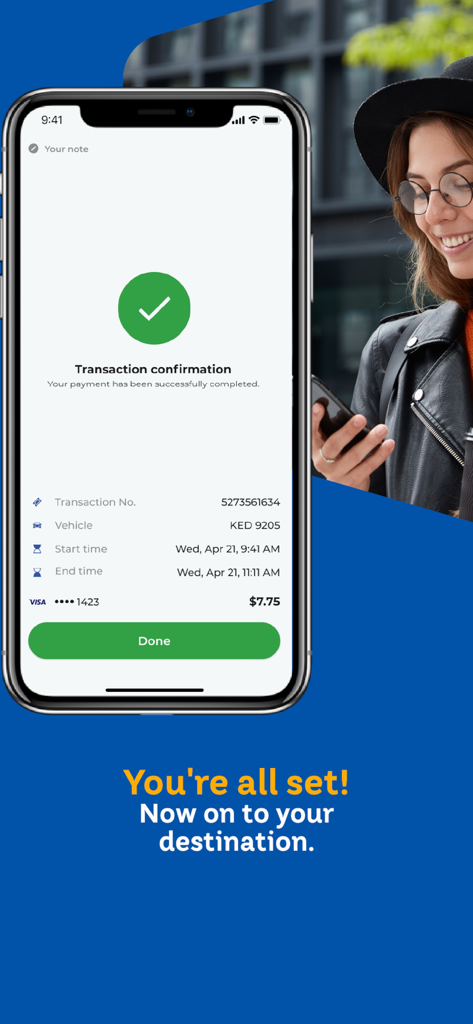ParkNYC app screen showing a successful transaction confirmation for a parking session