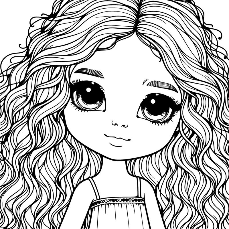 a close up of realistic looking little girl with curly long hair and doll like appearance