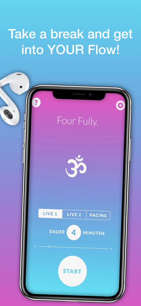 VaYou Biofeedback Meditation app interface showing the start screen for a four minute Four Fully breathing session