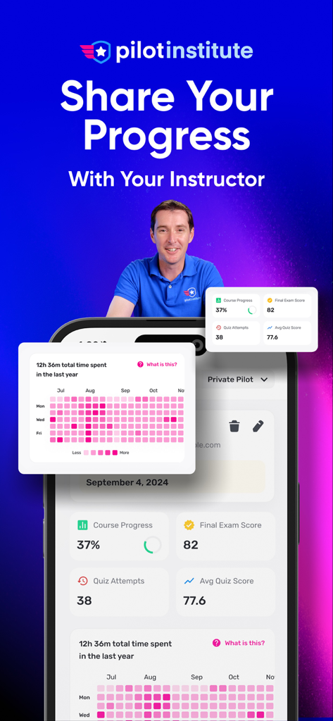 파일럿 인스티튜트 앱 인터페이스에 과정 진행률 지표 및 항공 훈련 강사 표시
