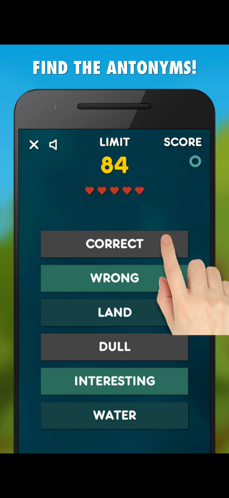 Antonyms Game - A user playing the find pairs mode in the Antonyms Game app by selecting opposite word pairs like correct and wrong on a smartphone screen.
