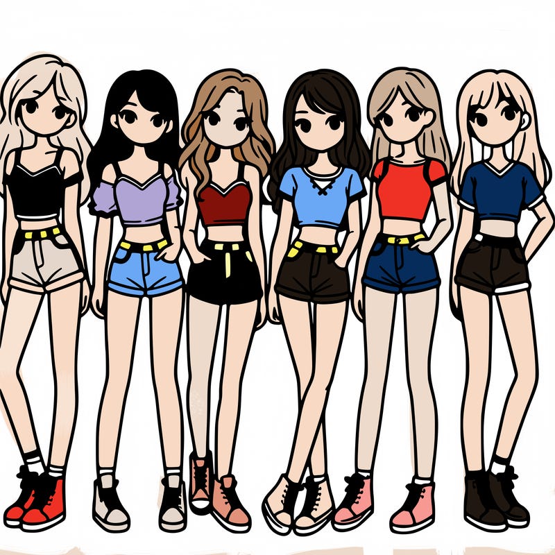 a group of girls wearing crop tops and shorts