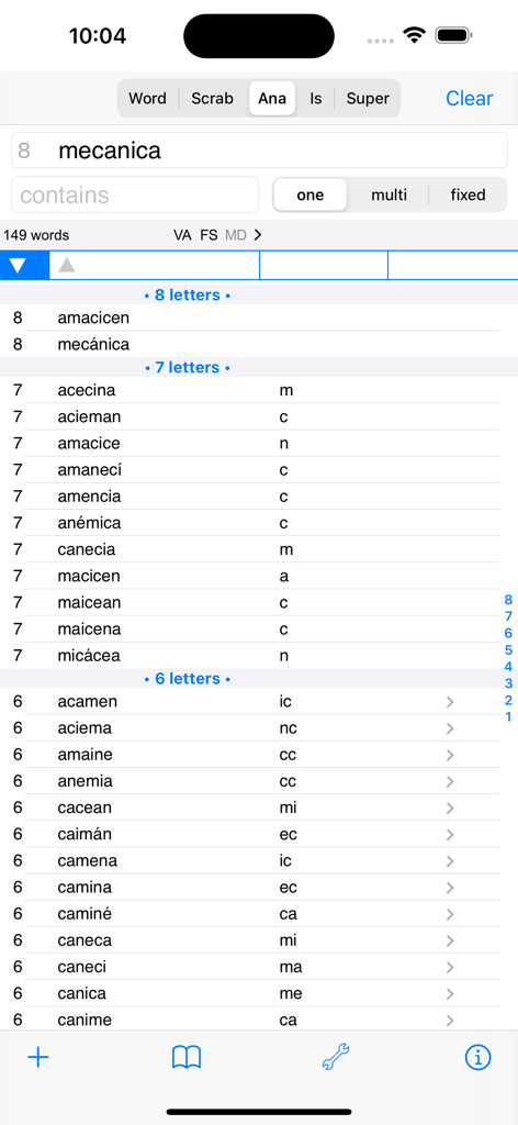 Español Words Finder PRO - Anagram search results for the word mecanica in the Espanol Words Finder PRO mobile app