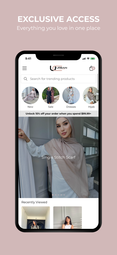Urban Culture - Urban Culture mobile app home screen showing modest fashion categories like Hijab and Dresses with a featured single stitch scarf.