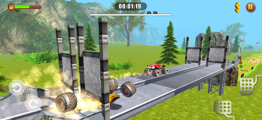 A red monster truck racing across a bridge with obstacles in the 4x4 Monster Truck Racing Game