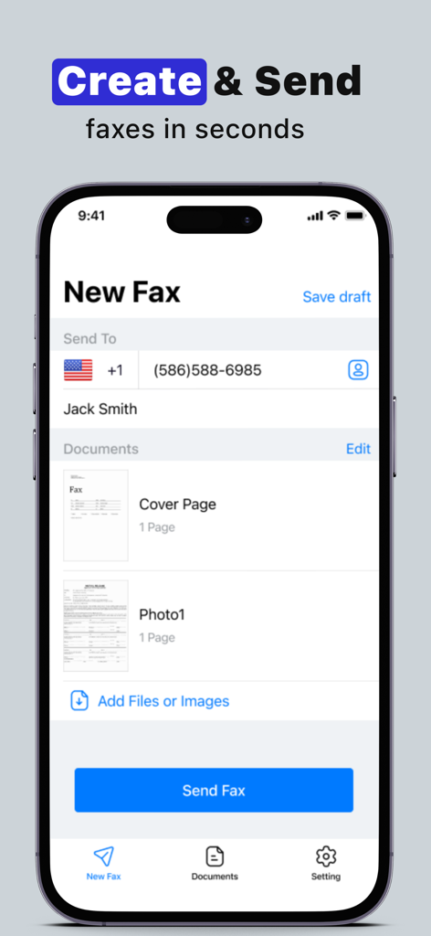 Interface of the Smart Fax app on an iPhone showing the process of creating and sending a new fax with attachments