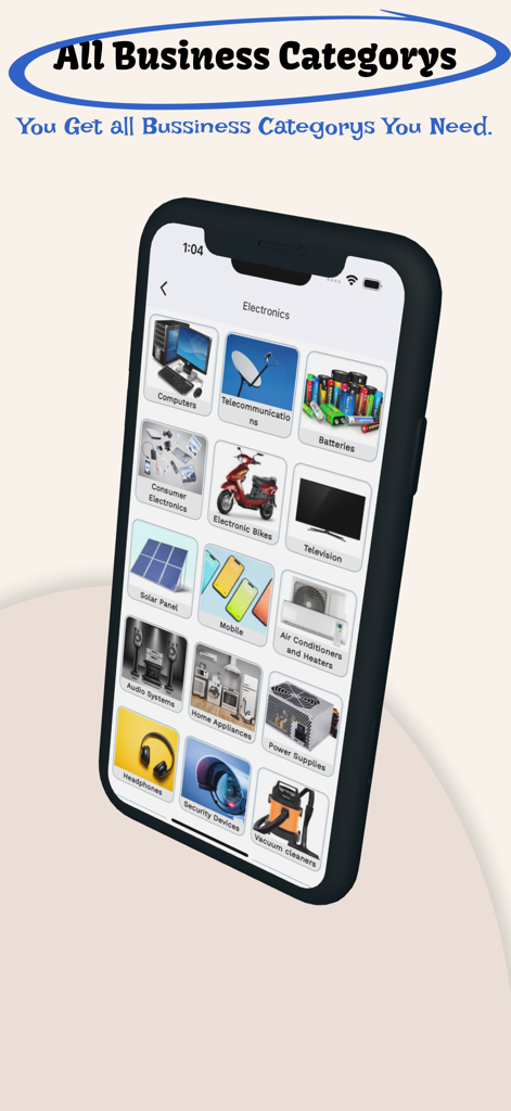 A smartphone showing the Ghioon B2B app interface with various electronic product categories like computers mobile phones and home appliances.