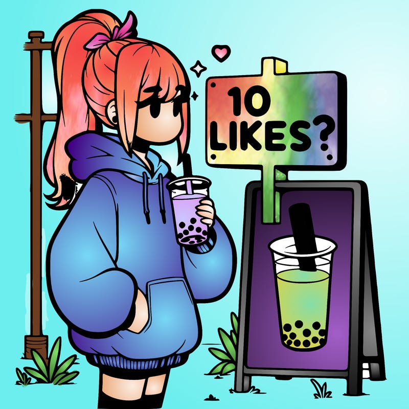 girl with oversized hoodie drinking boba and she has a high ponytail with a sign that says 10likes?