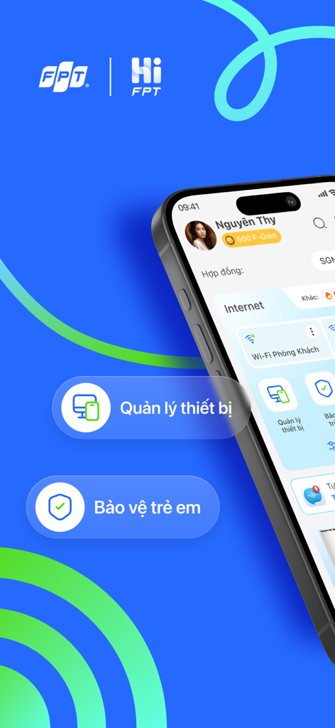 Hi FPT app interface showing device management and child protection features on a smartphone