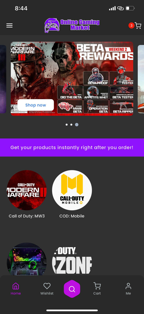Online Gaming Marketplace - Home screen of the Online Gaming Marketplace app featuring Call of Duty items and beta rewards