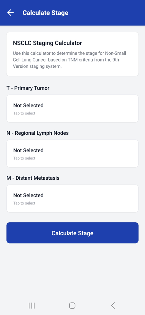 Interfaz de la calculadora de estadificación de CPNM para criterios T, N y M basada en la clasificación TNM de la 9ª edición.