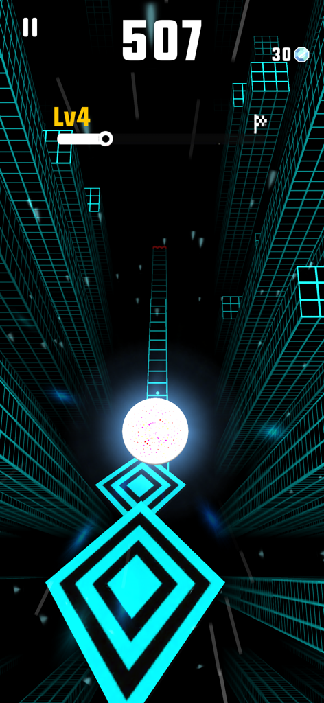 Slope Run Game screenshot featuring a glowing ball rolling through a neon grid obstacle course