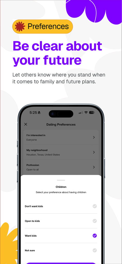 Tova Dating - Tova Dating app interface for setting family and future preferences