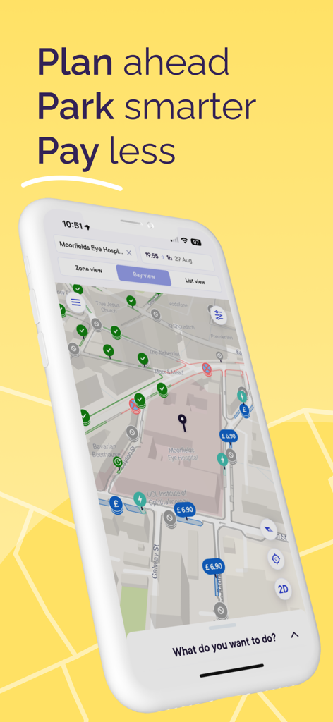 AppyParking+ Plan, Park & Pay - AppyParking plus mobile app interface displaying a detailed parking map with bay availability and prices