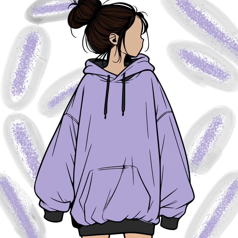 realistic girl with a oversized sweatshirt on and a bun