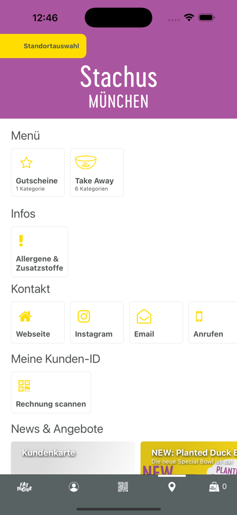 Fat Monk - Fat Monk mobile app dashboard showing menu options for take away vouchers and store information for the Munich location