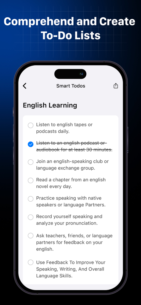 AI Note Taker-Voice to Notes ! - A smartphone interface showing a smart to-do list for English learning with various productivity tasks.