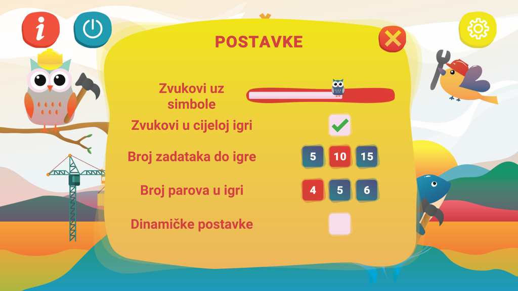 Settings interface of the ICT AAC Language Builder app with options for sound and game difficulty