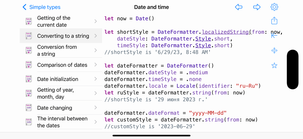 Swift code snippet showing date and time formatting options in the Recipes for Swift Pro app