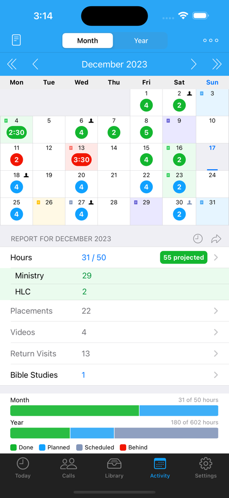 ServicePlanner - Monthly activity report and calendar view in the ServicePlanner app showing ministry hours and spiritual goals.