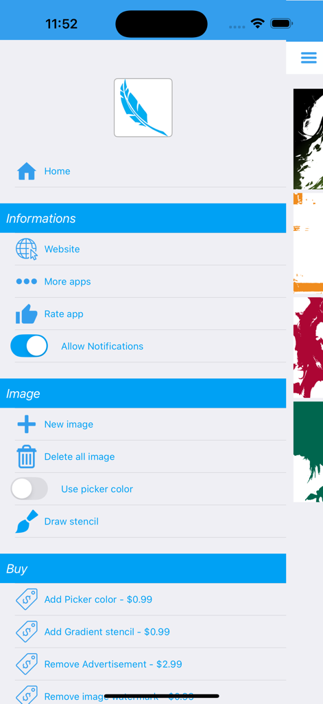 Fx Stencil - Menu screen of the Fx Stencil app showing options for image creation, settings, and in-app purchases