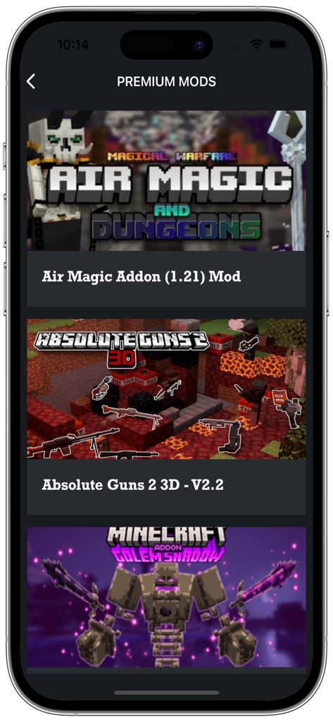 MCPE ADDONS FOR MINECRAFT PE + - Screenshot of the Premium Mods section in the MCPE Addons app featuring Air Magic and Absolute Guns