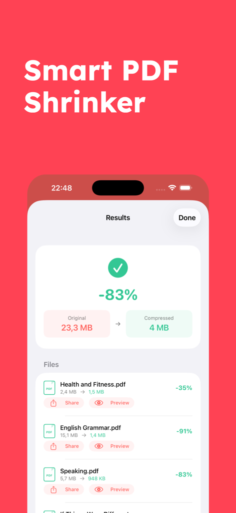 Compress PDF Files — TinyPDF - TinyPDF App-Oberfläche, die eine Reduzierung der Dateigröße um 83 Prozent nach der Stapelkomprimierung mehrerer PDF-Dokumente zeigt