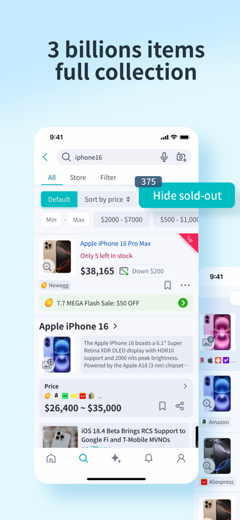 BigGo app screen showing iPhone 16 price comparisons from various retailers and a collection of 3 billion items