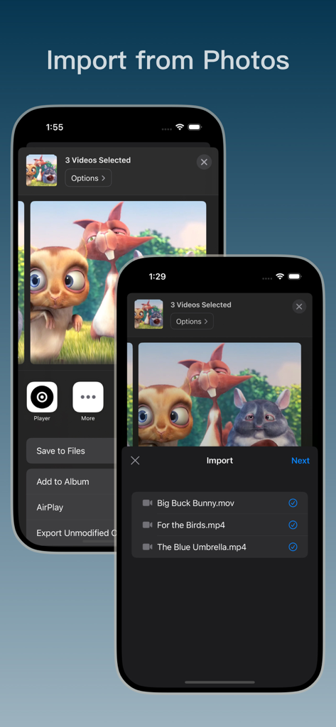 Schermata iPhone che mostra il processo di importazione di file video dall'app Foto al player