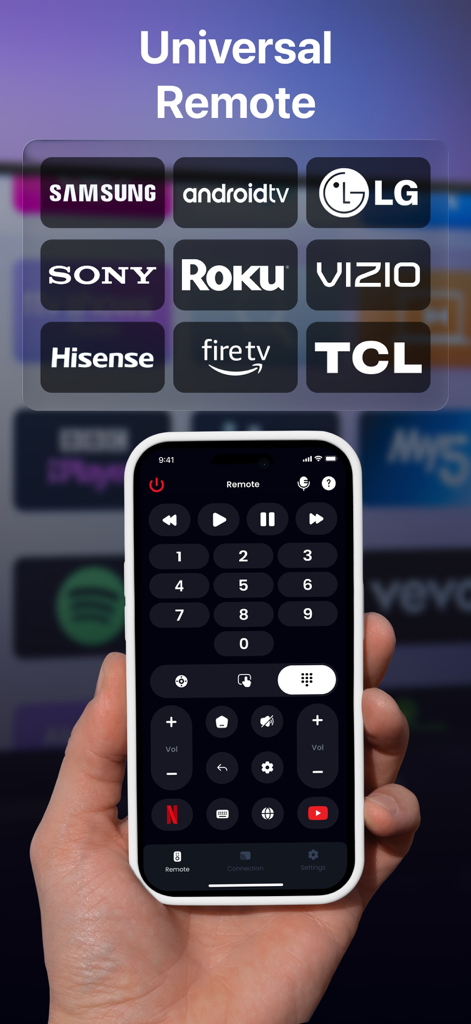 Stick Master universal remote control app interface on an iPhone displaying TV brand compatibility like Samsung, LG, and Roku