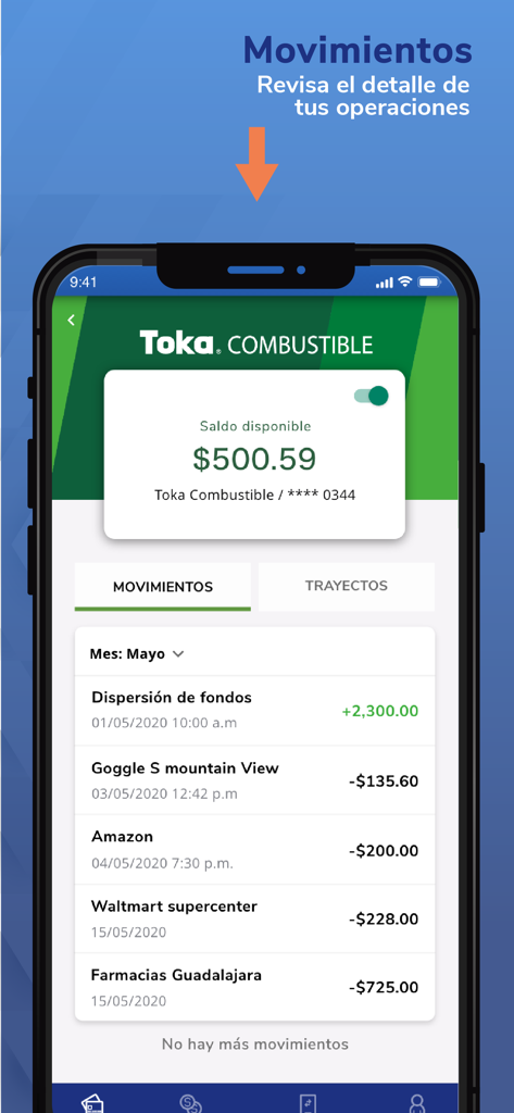 Toka Internacional - Pantalla de movimientos y saldo de tarjeta de combustible en la aplicacion Toka Internacional