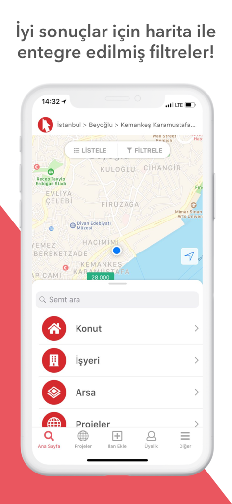 Emlaksitem | Emlak İlanları - Emlaksitem mobile app showing a map of Istanbul with real estate categories like housing and land