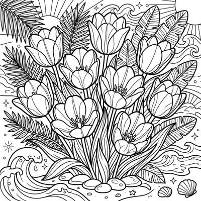 Celebrate the joy of summer with this beautiful coloring page featuring elegant Fosteriana tulips. Immerse yourself in a tropical scene complete with palm leaves, ocean waves, and sunny beach elements, perfect for a relaxing creative escape.
