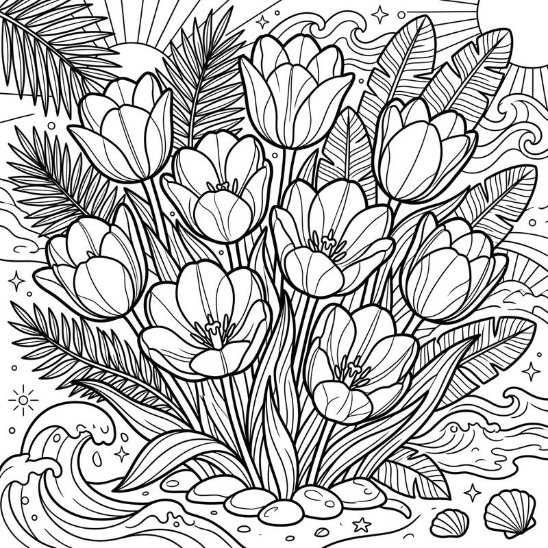 Celebrate the joy of summer with this beautiful coloring page featuring elegant Fosteriana tulips. Immerse yourself in a tropical scene complete with palm leaves, ocean waves, and sunny beach elements, perfect for a relaxing creative escape.
